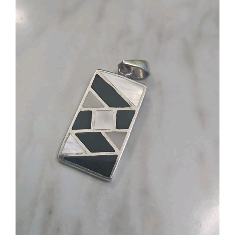 Vintage Sterling Silver Pearl & Onyx Modernist Pendant 925